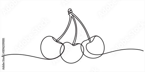 A continuous line drawing of three sweet cherries, minimalist fruit art illustration on white
