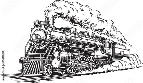Vintage steam locomotive illustration with billowing smoke side view