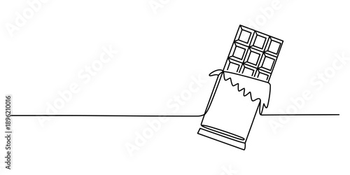 Continuous line drawing of a chocolate bar in an open wrapper, minimalist illustration style