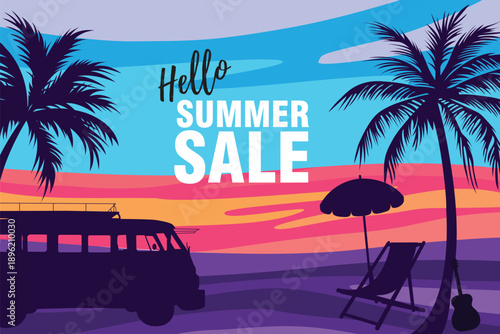 Hello summer sale banner with tropical beach sunset, palm trees, van silhouette and lounge chair. Colorful vector illustration for summer promotion and holiday advertising.
