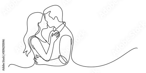 Continuous line drawing of a couple embracing and about to kiss in a romantic gesture