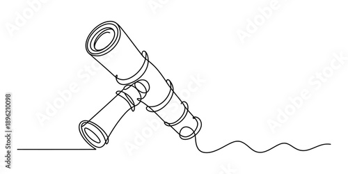 A single continuous line drawing of a telescope or spyglass on a white background