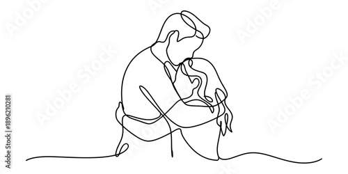 Continuous line drawing of a loving couple embracing in a simple artistic style