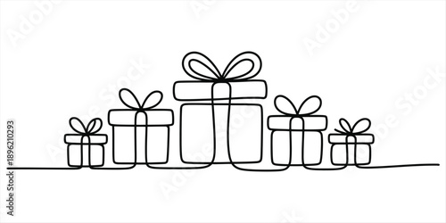 A collection of five gift boxes drawn with a single continuous line art style