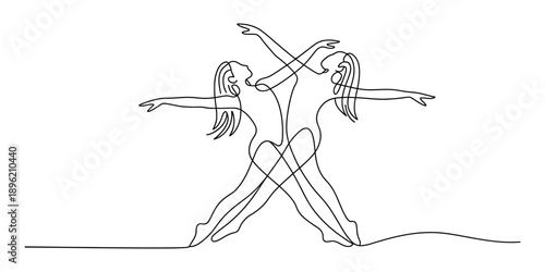 Continuous line drawing of two graceful female dancers performing in harmony