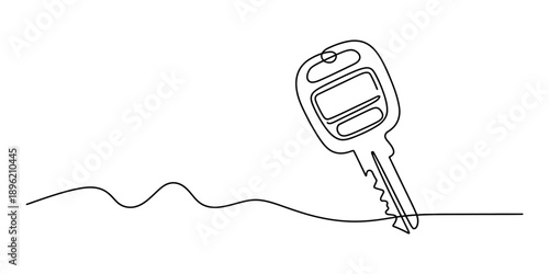 Continuous line drawing of a car key, representing concepts of transport and security