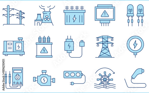 A set of flat icons related to Electricity and electrical components. transmission line, nuclear, transformer, diode, charger, generator, and so on.