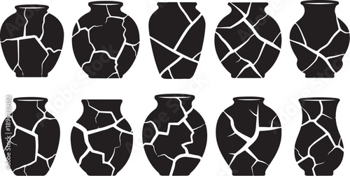 Set of black cracked vases on white background illustration