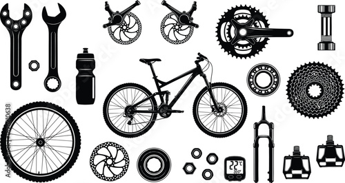 Black silhouette vector collection of mountain bike parts repair tools and cycling accessories isolated on white background.