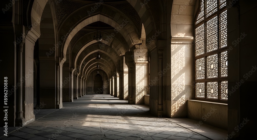 Fototapeta premium Dramatic sun rays through a mosque window, representing the divine blessings and spiritual enlightenment during the holy month of Ramadan.