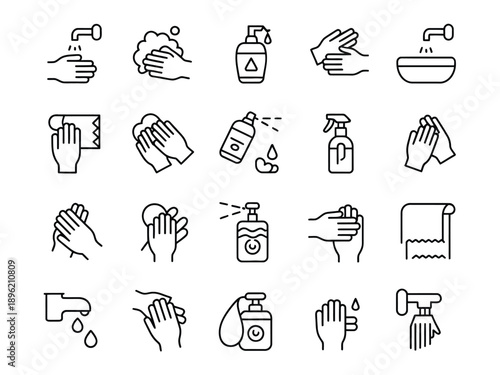 Variety of hand washing and hygiene icons in simple line style