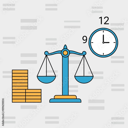 Scales of justice and coins next to a clock face suggesting time is money