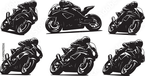 Motorcycle riders in various dynamic poses on white background