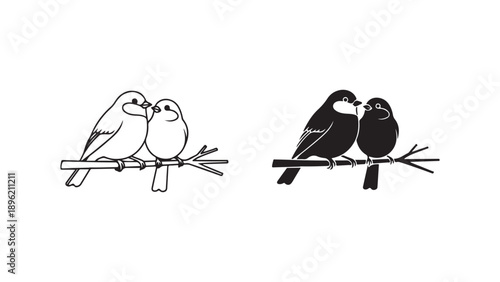 Vector illustration of lovebirds or lovebird couple, black and white, simple line art, perched on branch, for greeting card or social media post isolated on White Background