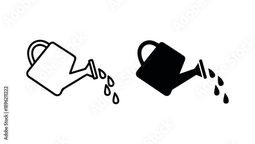 Watering can or watering pot icon set, black and white outline or silhouette, for gardening or agriculture, Isolated, png isolated on White Background