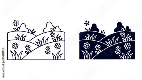Vector illustration of floral landscape or garden scene, minimalist style, dark blue and white, for banner or poster, isolated on White Background