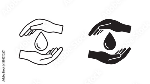 Hand holding water droplet icon, vector illustration, black and white, for logo or UI, isolated on White Background