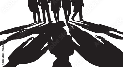 Silhouettes of people walking in different directions together slowly