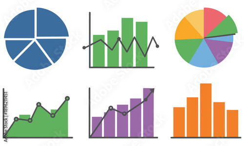 A collection of colorful data visualization icons including pie charts line graphs and bar graphs high quality