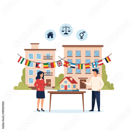 People discussing house model with flags and scales symbolizing real estate