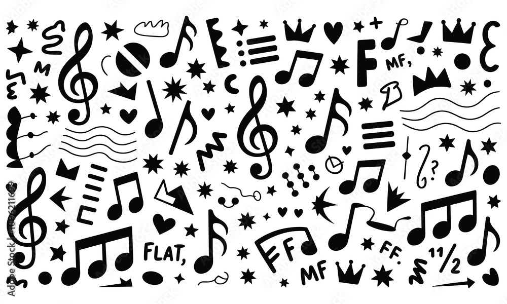Obraz premium A chaotic black and white pattern of various musical symbols notes and decorative elements fills the entire frame