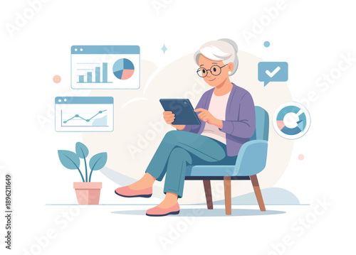 Senior woman using tablet for data analysis in modern setting, flat vector illustration
