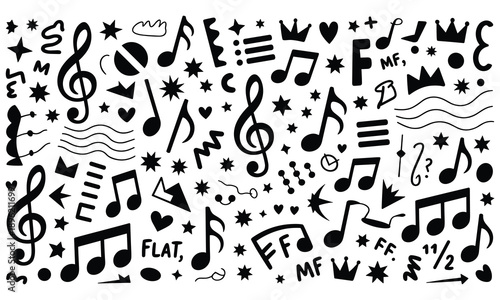 A chaotic black and white pattern of various musical symbols notes and decorative elements fills the entire frame