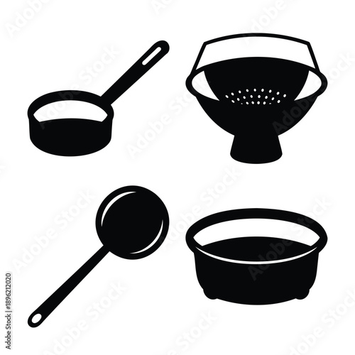 A collection of essential kitchen utensils and cookware silhouettes for cooking and baking