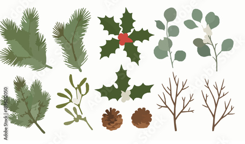 Christmas winter foliage and natural elements flat vector crafting set