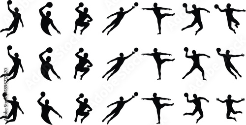 Abstract falling human silhouettes collection, people tumbling floating freefall motion poses, black figures pattern isolated on gray background illustration