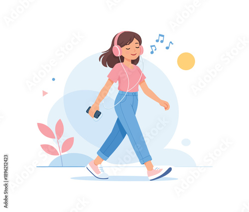 Girl walking with headphones and smartphone, flat vector illustration