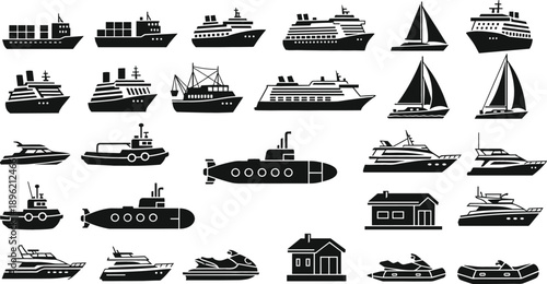 Collection of black nautical silhouette icons featuring cargo ships cruise liners sailboats yachts submarines and jet skis for maritime design
