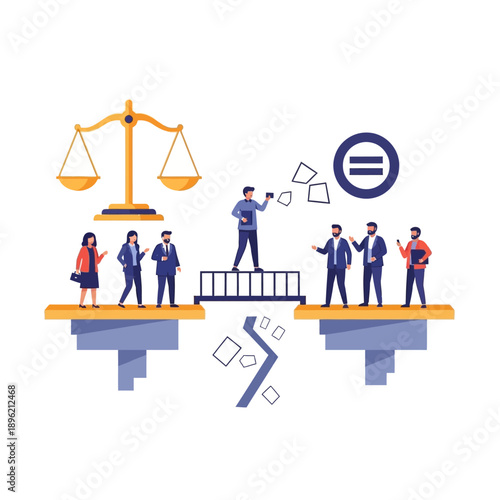 Business leader unites divided groups by building a bridge over a chasm, symbolizing conflict resolution and shared goals