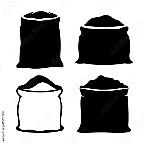 A collection of simple black and white silhouettes depicting various sacks filled with goods