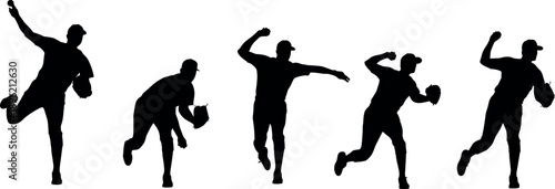 Baseball player silhouettes set vector illustration of pitcher throwing ball in different poses isolated on white background for sports design
