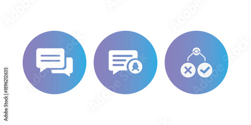 Business chat and decision making icons, speech bubbles and logic tree with check and cross marks.