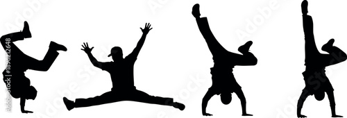 Black silhouette set of male breakdancer performing energetic hip hop street dance moves, acrobatic b-boy freezes and athletic stunts vector illustration.