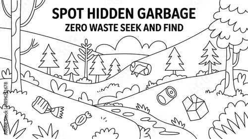 A black and white seek and find puzzle depicts a landscape with hidden garbage amongst trees and rolling