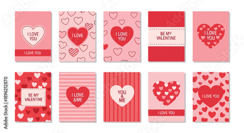 Collection of cute Valentine's day cards with heart designs and love messages on a white background, in a flat lay composition with various pink and red patterns.
