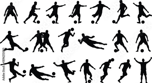 Soccer football player action silhouettes set, athletes dribbling kicking passing shooting poses, black sport figures isolated on gray background illustration