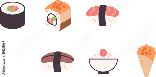Flat Sushi and Japanese Food Icon Set Featuring Nigiri, Maki Roll, Salmon Sashimi, Rice Bowl and Hand Roll Illustration