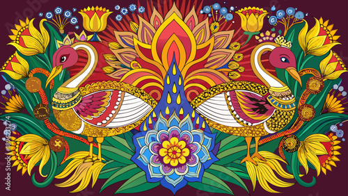 Very beautiful traditional Sri Lankan Kandyan Hansa Puttuwa motif featuring two mythical swan birds, ornate feathers, lotus centerpiece, and swirling floral patterns in rich vibrant colors.