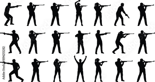 Tactical soldier action silhouettes set, armed military figures aiming crawling shooting poses, black combat people isolated on gray background illustration