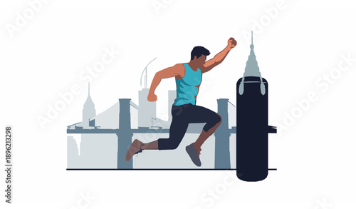 Urban fitness illustration of energetic man jumping with boxing bag near Brooklyn Bridge New York skyline