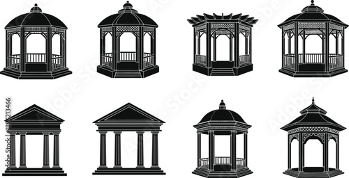 Collection of black silhouette icons featuring various gazebo and pavilion architectural structures for backyard landscaping and outdoor garden designs