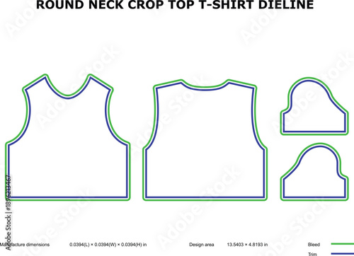 A technical illustration of a round neck crop top t-shirt dieline