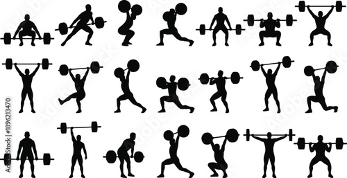 Weightlifting and fitness human silhouettes set, athletes lifting barbells strength training poses, black figures isolated on gray background illustration