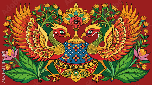 Very beautiful traditional Sri Lankan Kandyan Hansa Puttuwa motif featuring two mythical swan birds, ornate feathers, lotus centerpiece, and swirling floral patterns in rich vibrant colors.