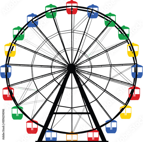 Colorful ferris wheel vector illustration with multi colored passenger cabins for amusement park carnival and fairground entertainment
