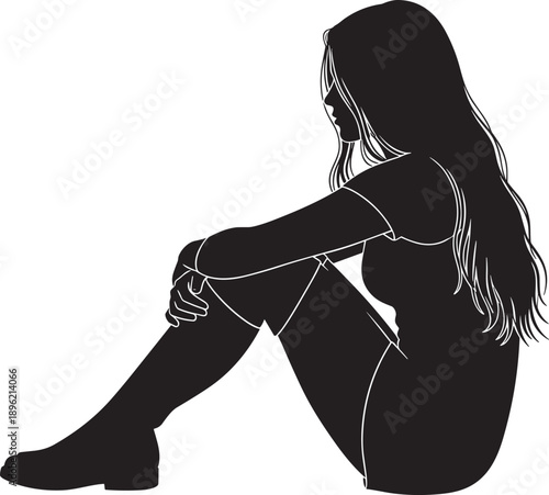 Black silhouette of a lonely sad woman sitting on the floor with long hair isolated on white background for depression anxiety and mental health concept